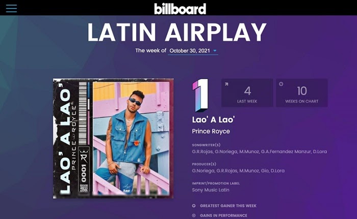 PRINCE ROYCE es #1 en el listado Billboard “Latin Airplay” con “LAO’ A LAO'”